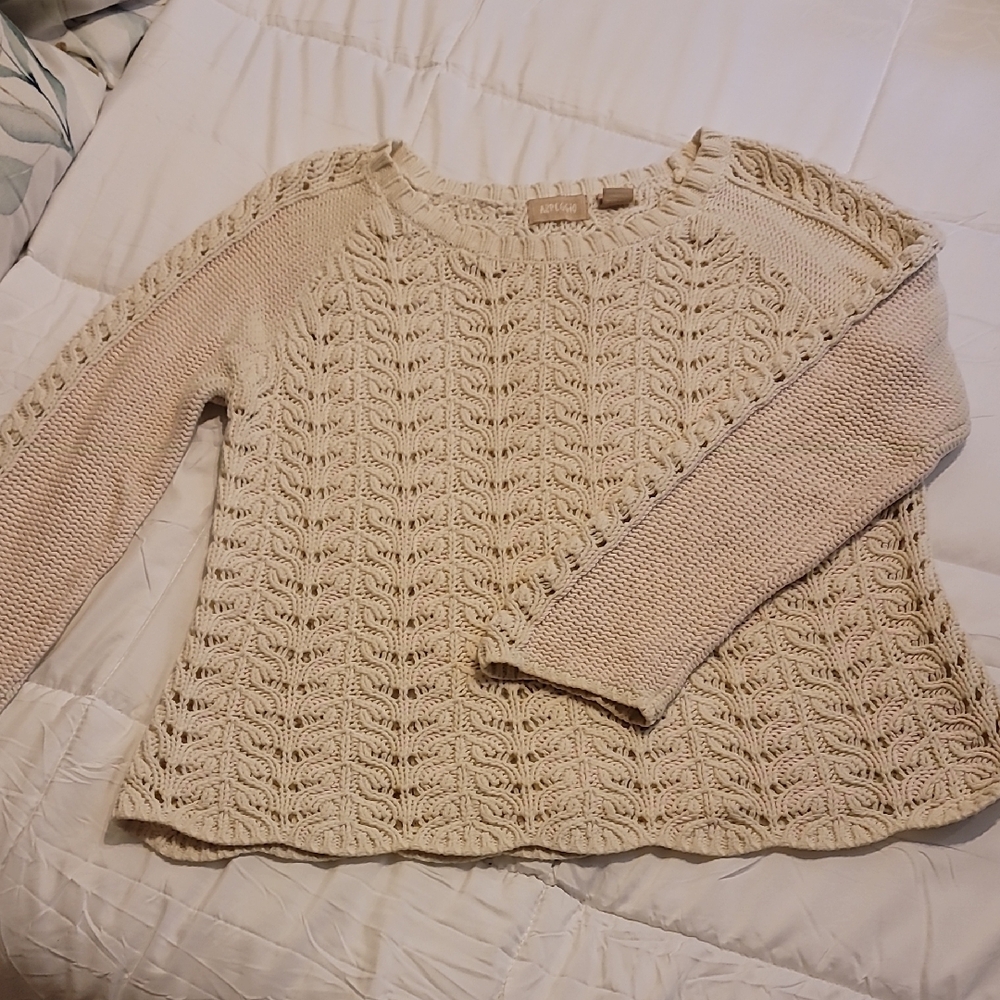 Cream Crew Neck Sweater with Lace Knit Pattern